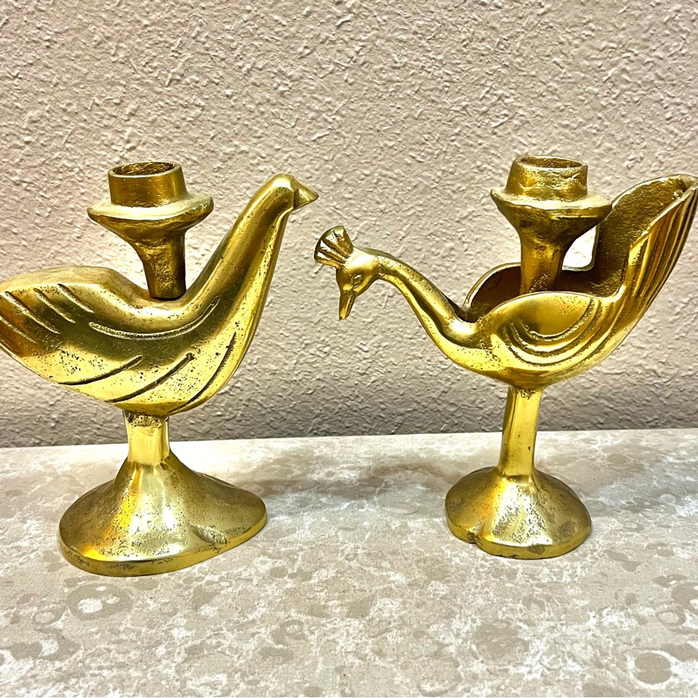 Set of 2 Nate Berkus Gold Dove and Peacock Taper Candle Holders